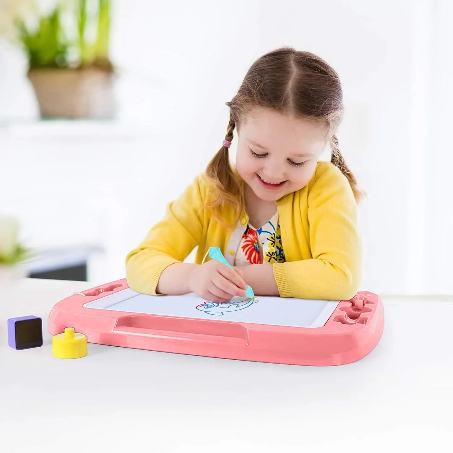 SGILE Large Magnetic Drawing Board - 4 Colors 16×13in Doodle Pad with 4 Stamps for Toddlers, Learning Toy Board Etch Sketch Gift for 36  Month Kids Girls Boys, Light-Pink