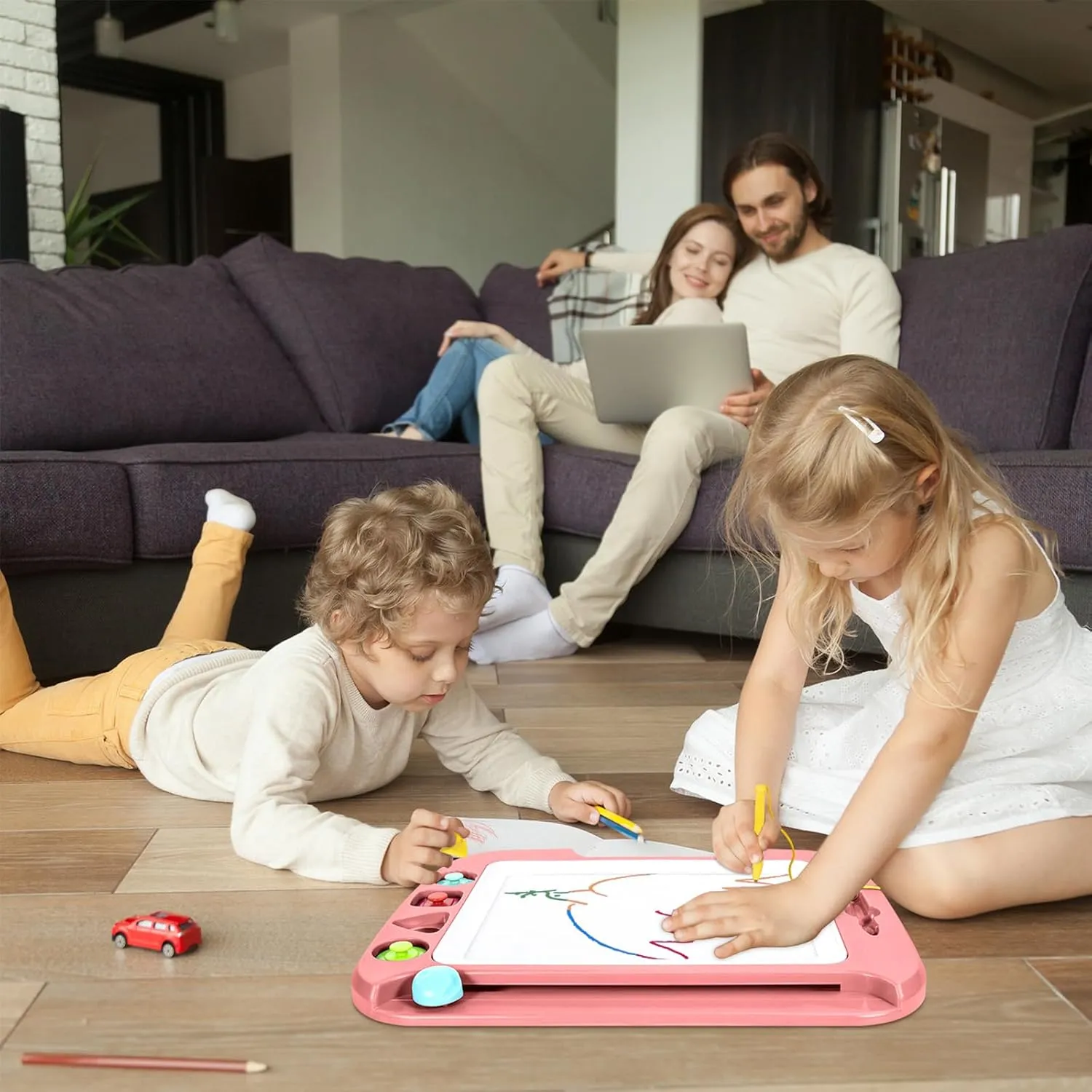 SGILE Large Magnetic Drawing Board - 4 Colors 16×13in Doodle Pad with 4 Stamps for Toddlers, Learning Toy Board Etch Sketch Gift for 36  Month Kids Girls Boys, Light-Pink
