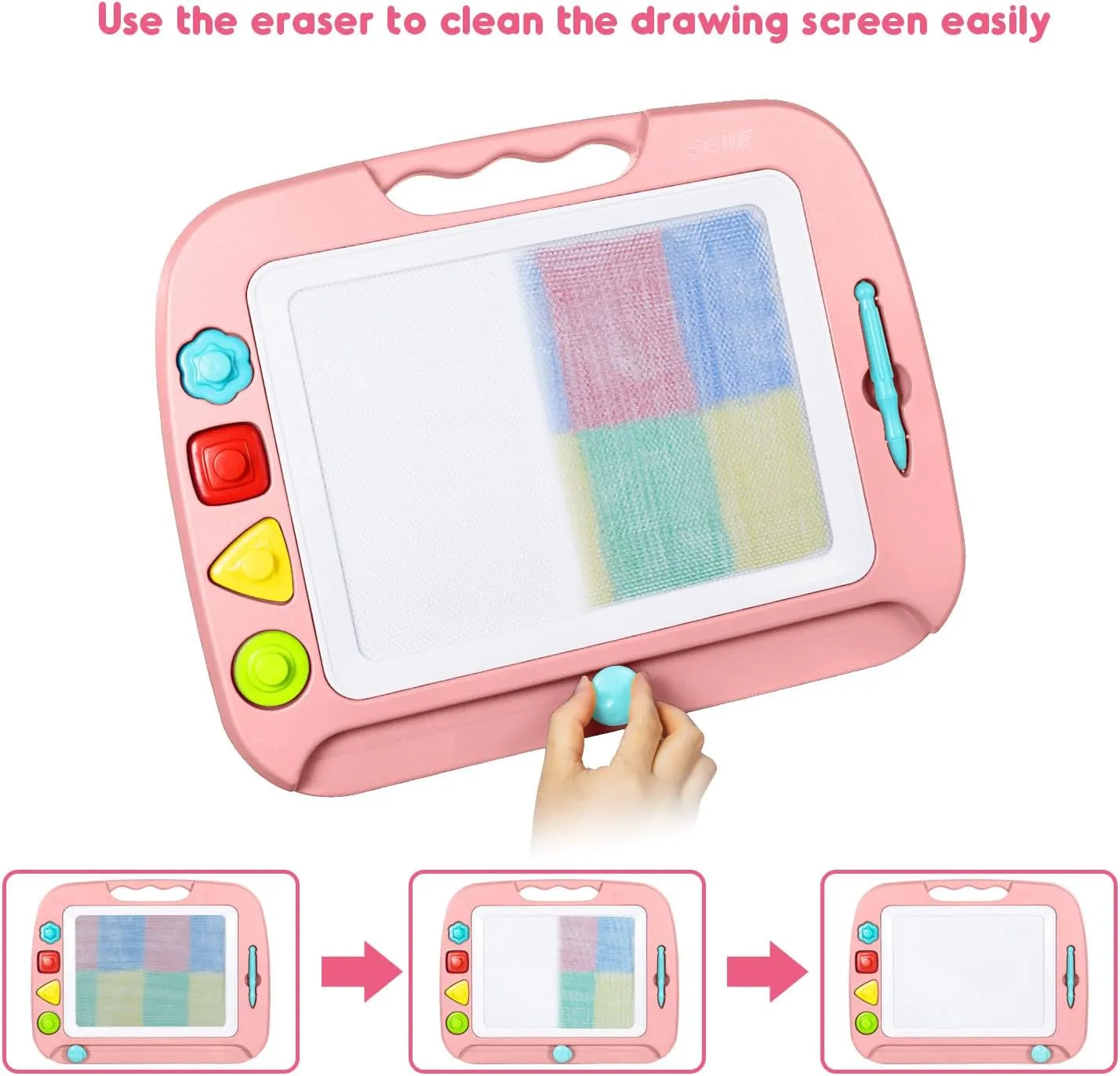 SGILE Large Magnetic Drawing Board - 4 Colors 16×13in Doodle Pad with 4 Stamps for Toddlers, Learning Toy Board Etch Sketch Gift for 36  Month Kids Girls Boys, Light-Pink
