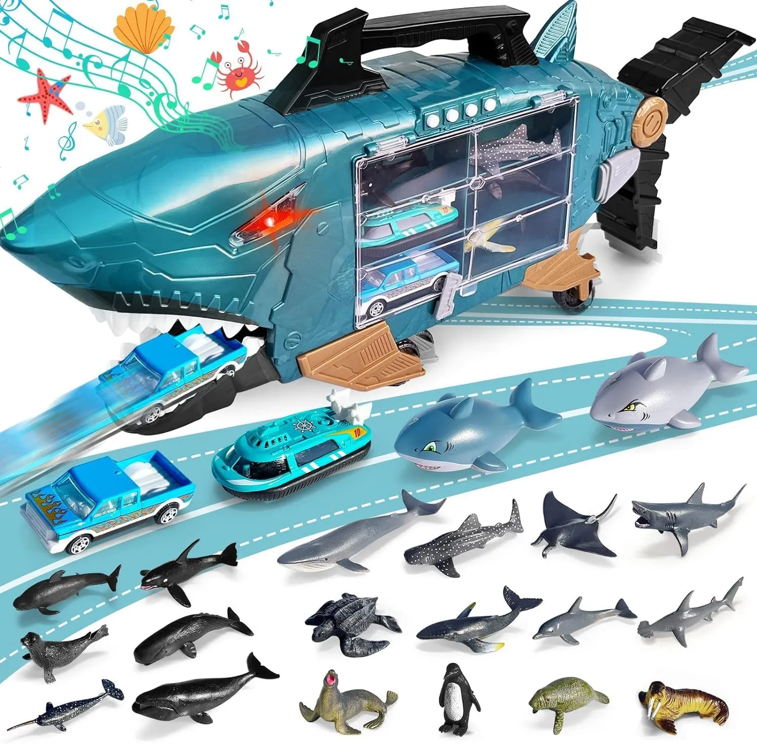 Shark Toys with led, Music Ocean Animals Toys, Shark Truck Toys with 2pcs Toy Trucks, 2pcs Cars,18pcs sea Animal Toys for 3  Year Old Kids
