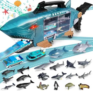 Shark Toys with led, Music Ocean Animals Toys, Shark Truck Toys with 2pcs Toy Trucks, 2pcs Cars,18pcs sea Animal Toys for 3  Year Old Kids