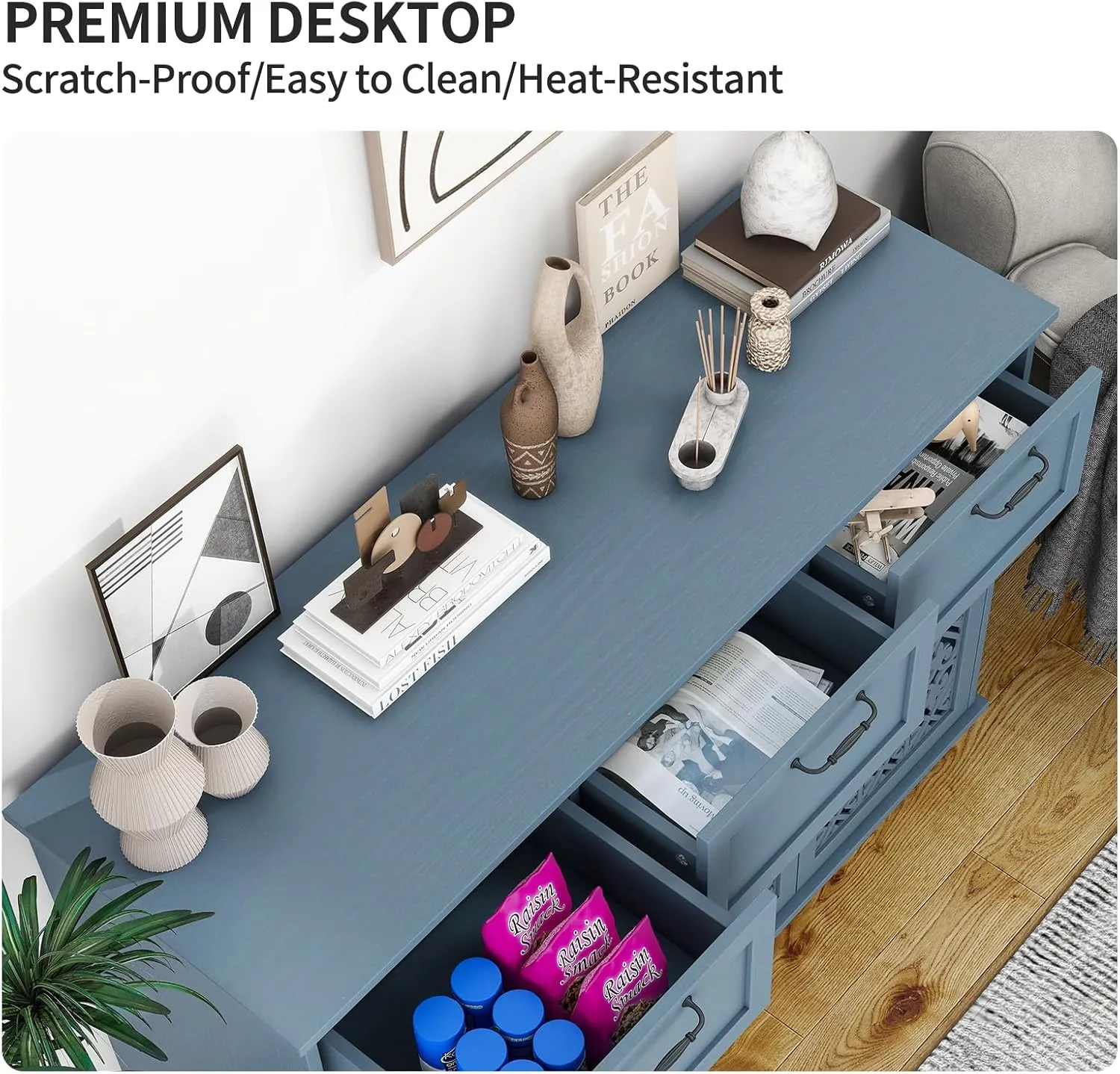 Sideboard Buffet Cabinet with Storage - Modern 3 Door 3 Drawer Farmhouse Wood Credenza for Living Room, Dining Room (Blue)