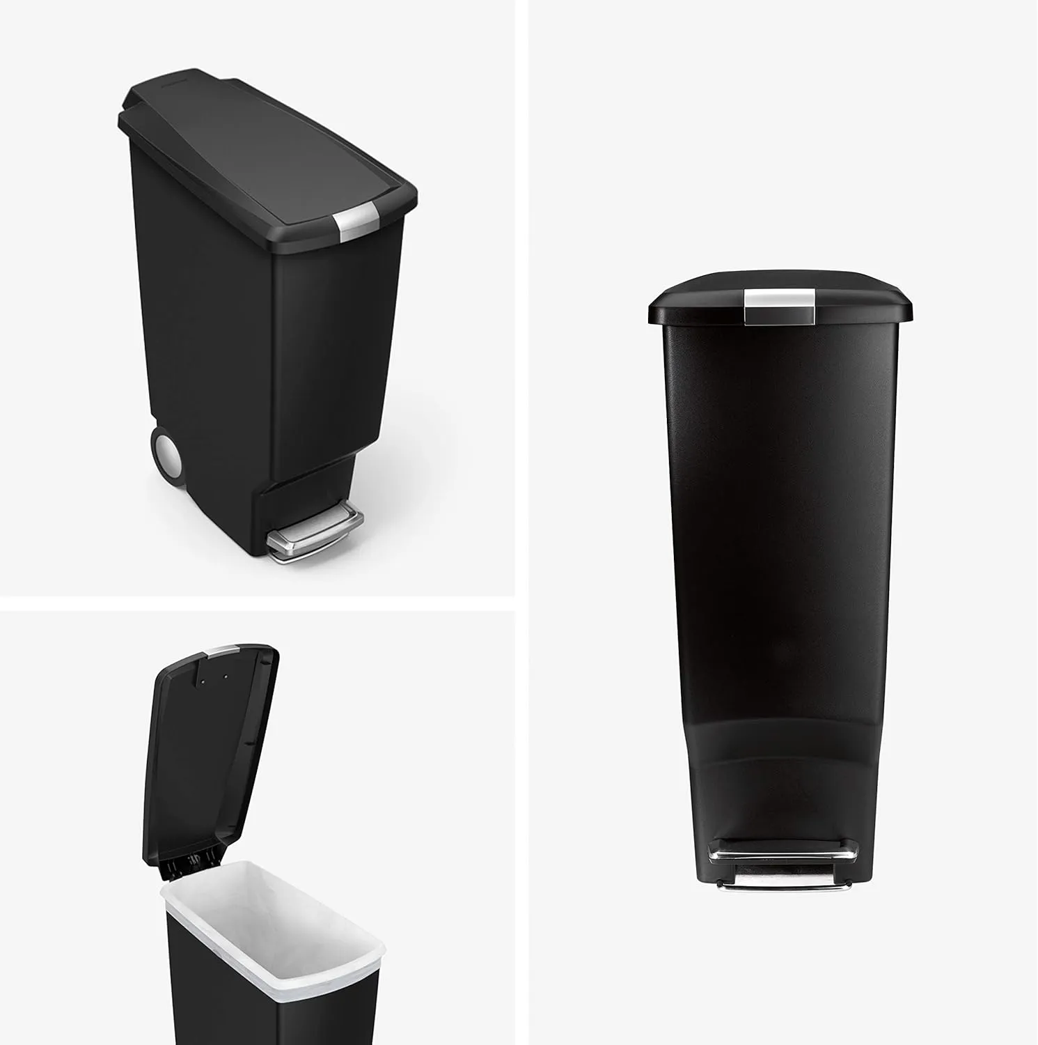 simplehuman 40 Liter / 10.6 Gallon Slim Kitchen Step Trash Can With Secure Slide Lock, Black Plastic