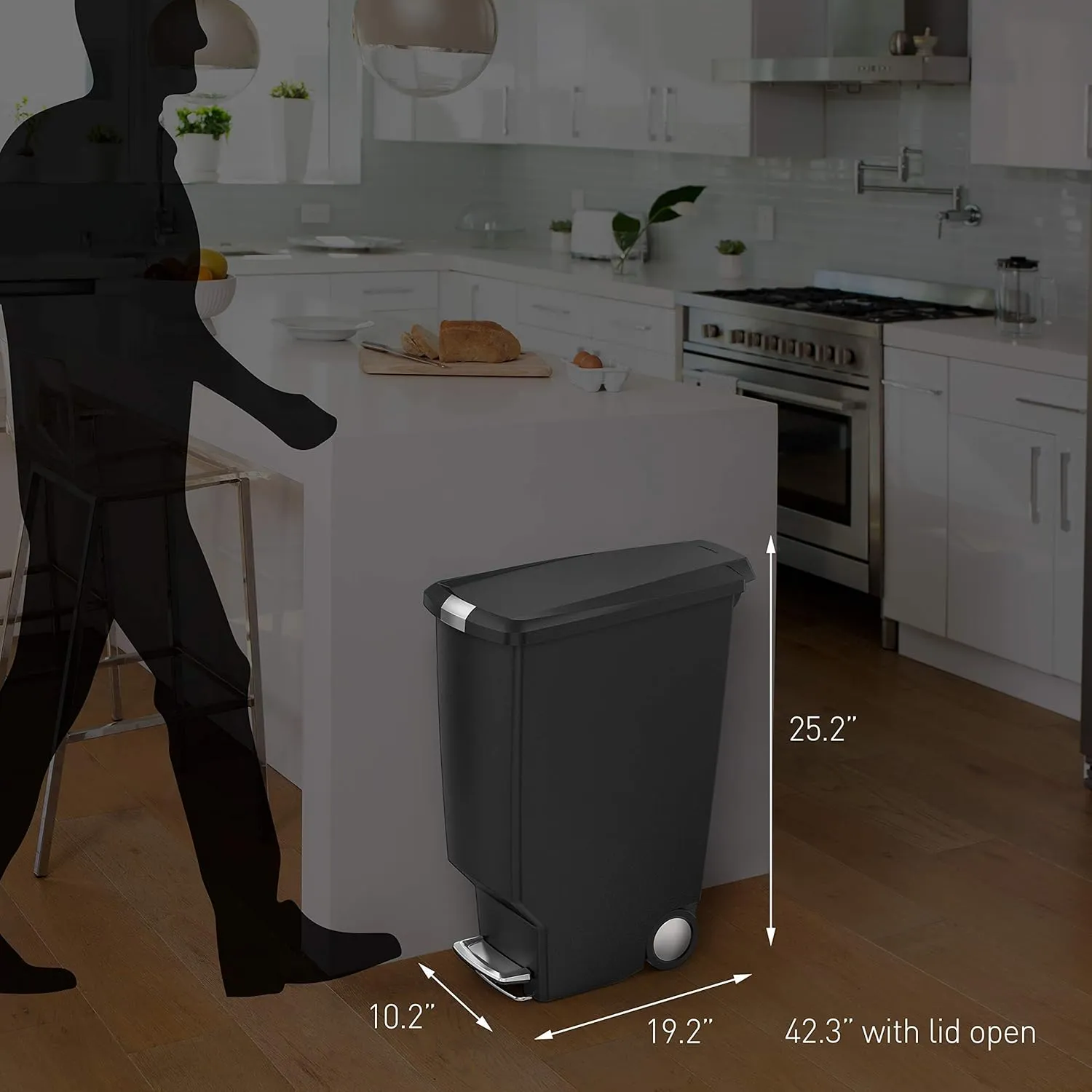 simplehuman 40 Liter / 10.6 Gallon Slim Kitchen Step Trash Can With Secure Slide Lock, Black Plastic