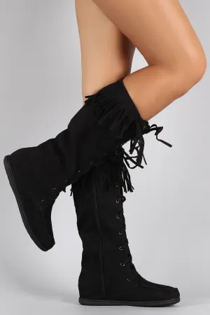 Soda Fringe User-friendly Boots Military discount Suede Up Flat Moccasin Toe Round Lace