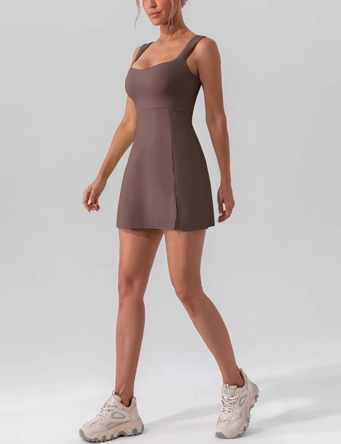 Square Neck Tennis Dresses for Women Golf Dress with Built-in Shorts Bra with Pockets for Athletic Sports Workout