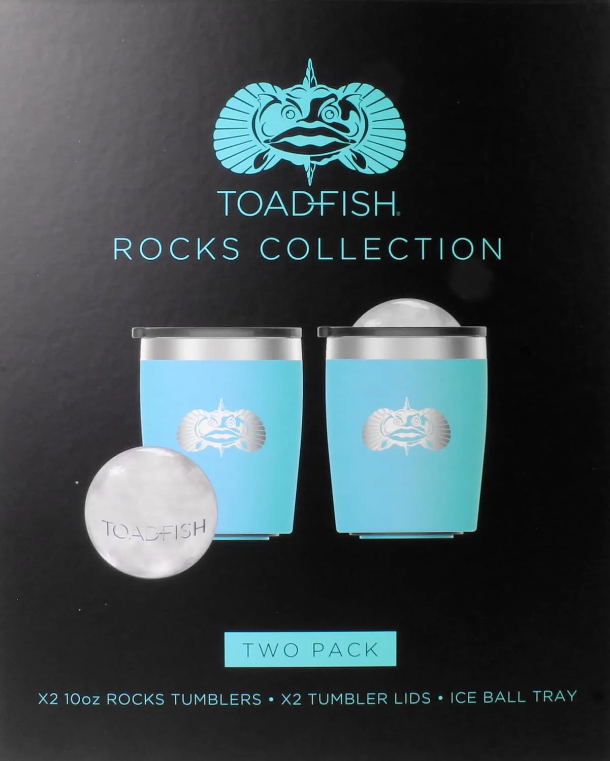 Toadfish Non-tipping 10oz Double Wall Insulated Stainless Steel Rocks Tumbler 2-Pack Gift Set w/Ice Ball Tray & Easy Slide Lid - Teal
