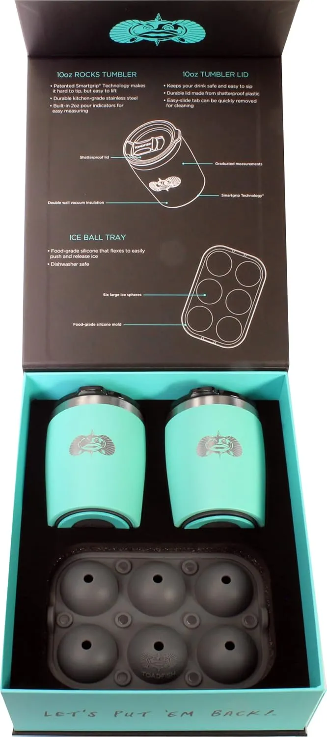Toadfish Non-tipping 10oz Double Wall Insulated Stainless Steel Rocks Tumbler 2-Pack Gift Set w/Ice Ball Tray & Easy Slide Lid - Teal