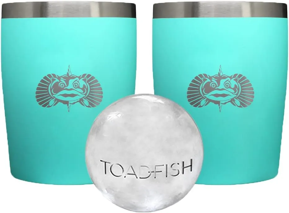 Toadfish Non-tipping 10oz Double Wall Insulated Stainless Steel Rocks Tumbler 2-Pack Gift Set w/Ice Ball Tray & Easy Slide Lid - Teal
