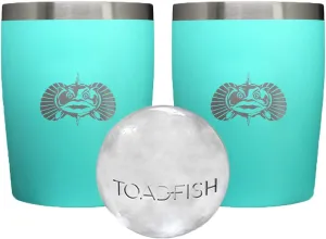 Toadfish Non-tipping 10oz Double Wall Insulated Stainless Steel Rocks Tumbler 2-Pack Gift Set w/Ice Ball Tray & Easy Slide Lid - Teal