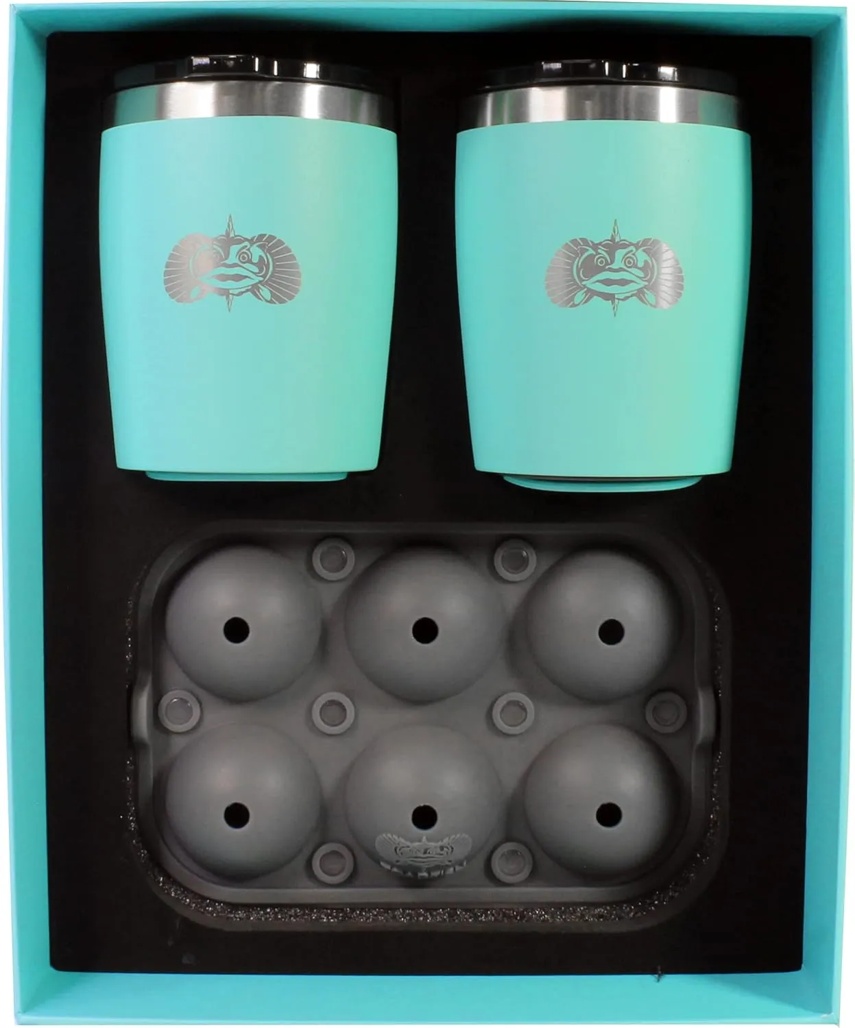 Toadfish Non-tipping 10oz Double Wall Insulated Stainless Steel Rocks Tumbler 2-Pack Gift Set w/Ice Ball Tray & Easy Slide Lid - Teal