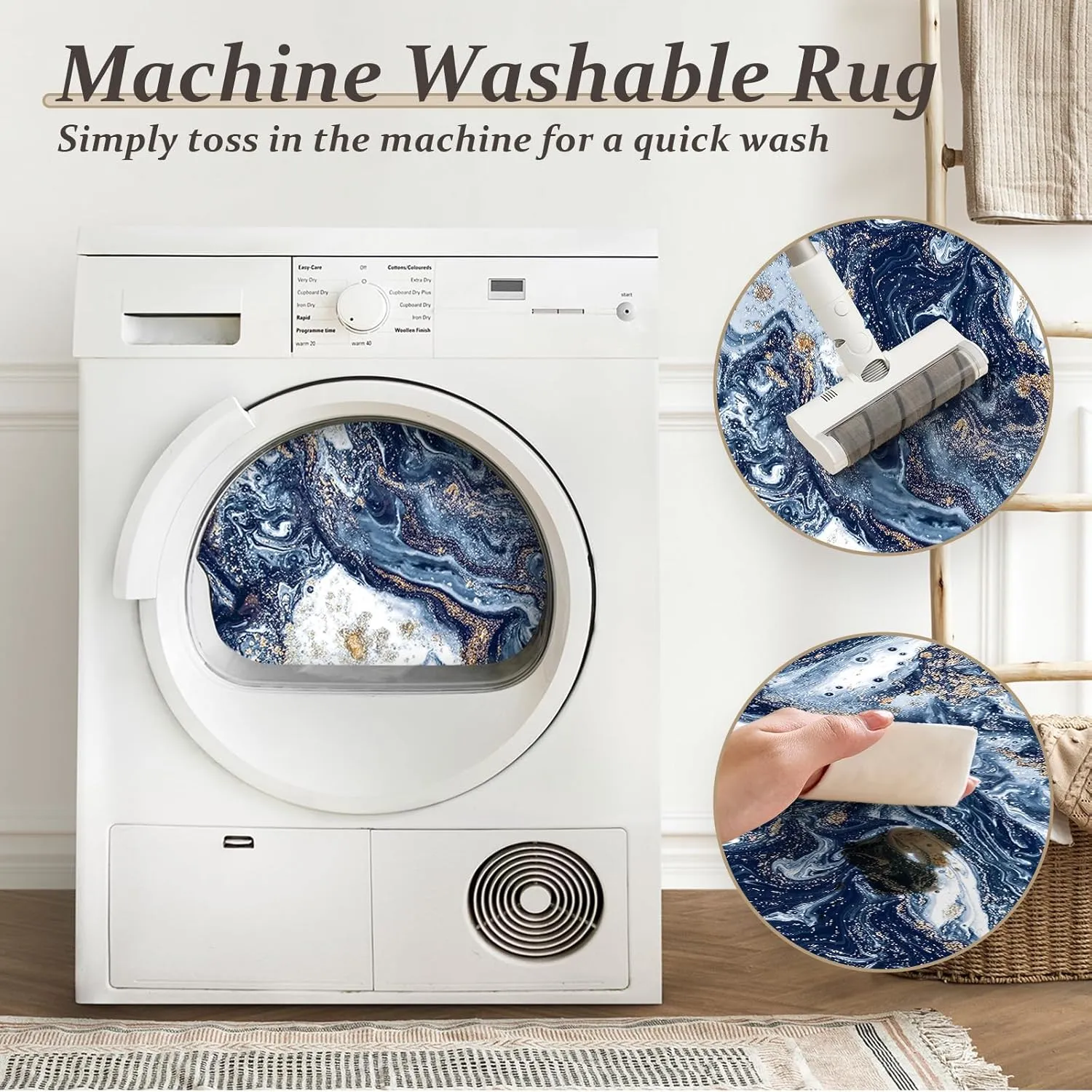 Washable Area Rug 4x6 - Artistic Style Modern Rug for Living Room Bedroom Dining Room, Soft Low Pile Machine Washable Carpet, Non Slip Non Shedding Area Rug - Dark Blue/Gold, 4'x6'