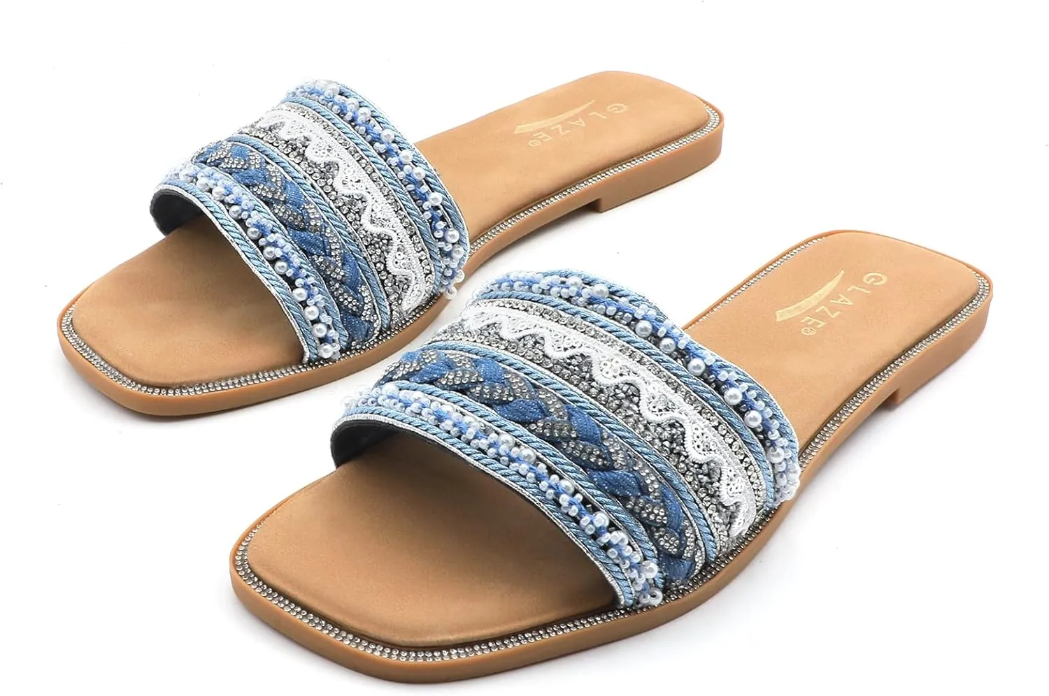 Women's Rhinestone Pearls Slide Sandals Summer Flats Sandals Size 6-10