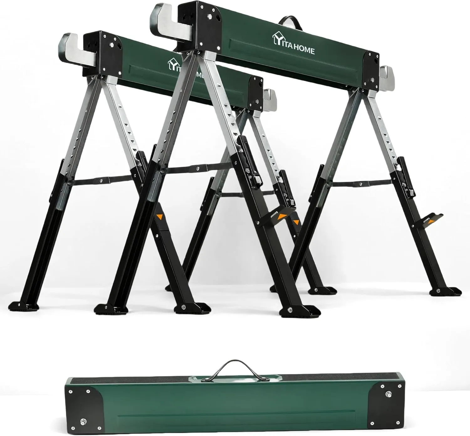 YITAHOME Workhorse Sawhorses 2-Pack, Metal Sawhorse Stands with Heavy Duty Folding Legs, 8 Adjustable Heights, 4x4 Brackets, Built-in Bottle Opener for Woodworking & Contractors