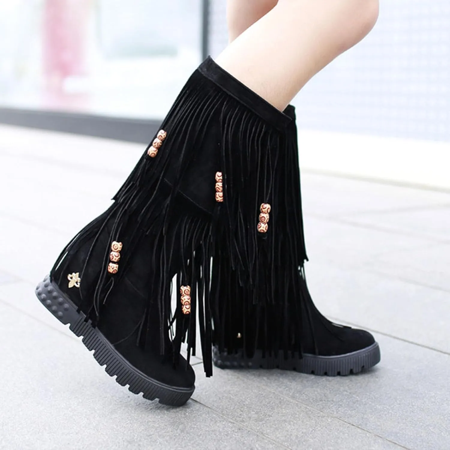 ZDLJYL Women's Fringe Suede Mid-Calf Boots,Fall Winter Cute Beaded Hidden Wedge Hippie Moccasin Boots Knee High Tassel Boots