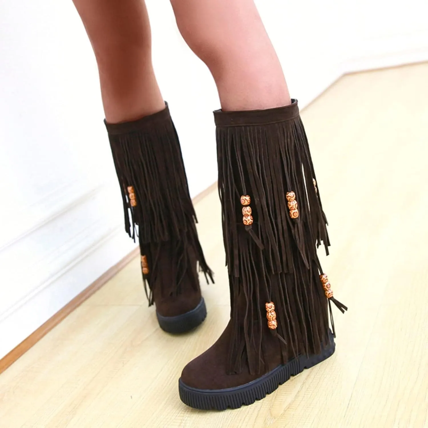 ZDLJYL Women's Fringe Suede Mid-Calf Boots,Fall Winter Cute Beaded Hidden Wedge Hippie Moccasin Boots Knee High Tassel Boots